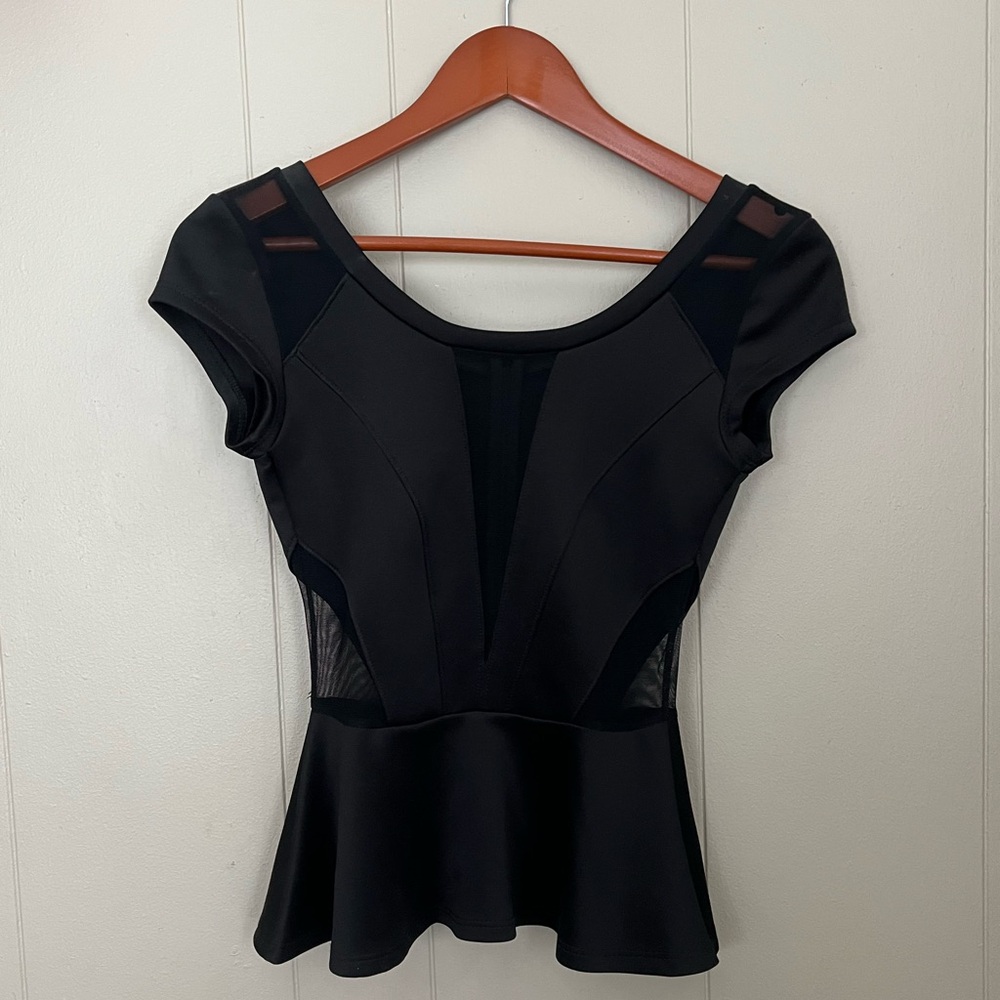 Guess Elegant Black Peplum Top with Mesh Panels Size XS